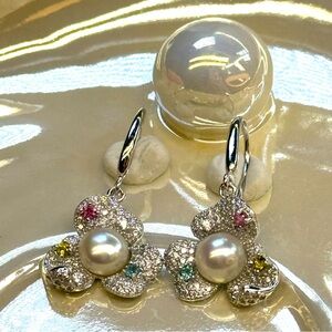 EPF18 Genuine 0.3CT Rainbow Tourmaline Pearl 3-Petal FLOWER Earrings 18K S925